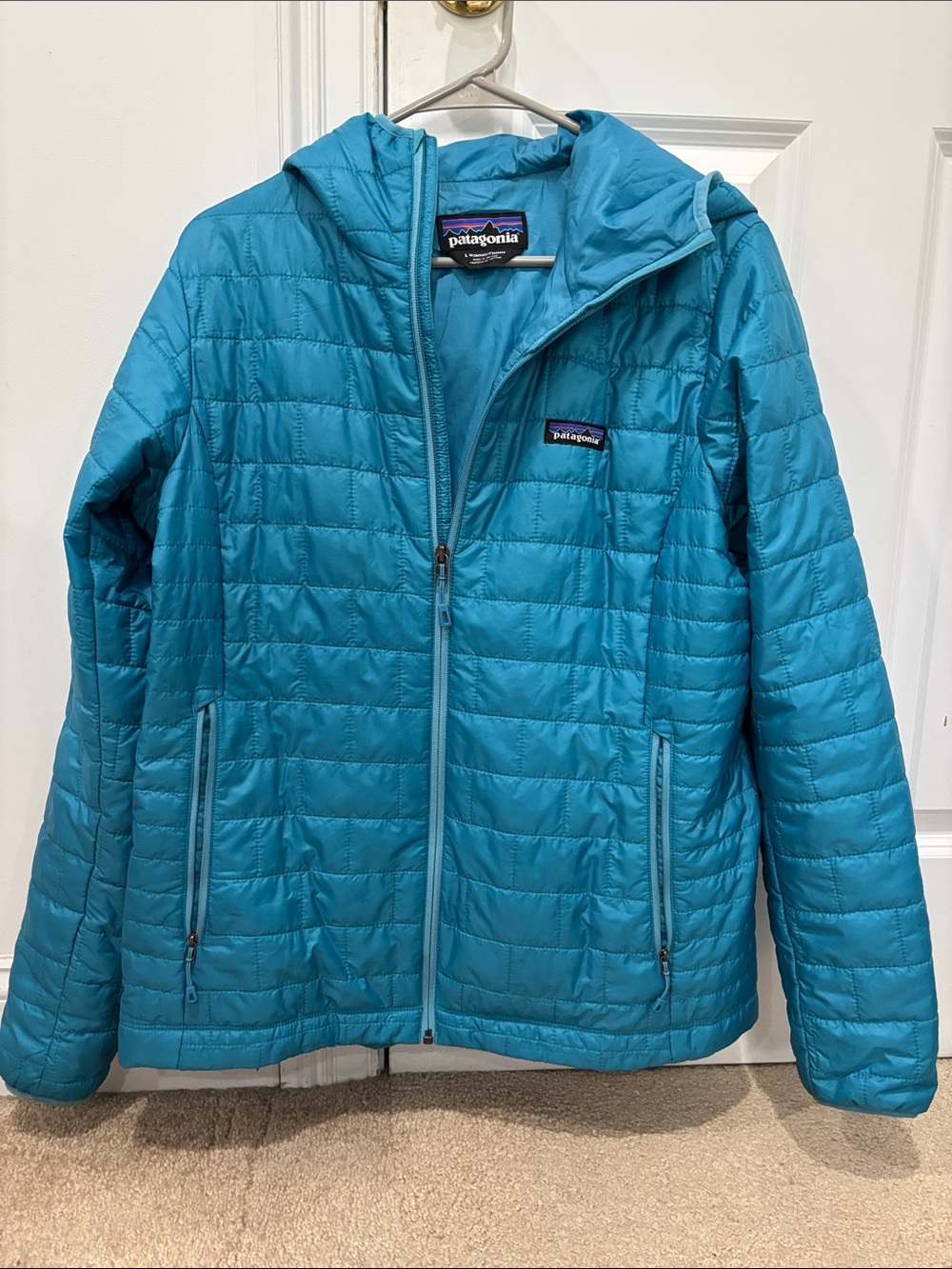 Patagonia Teal Blue Hooded Nano Puff Jacket, size Large Like New Condition